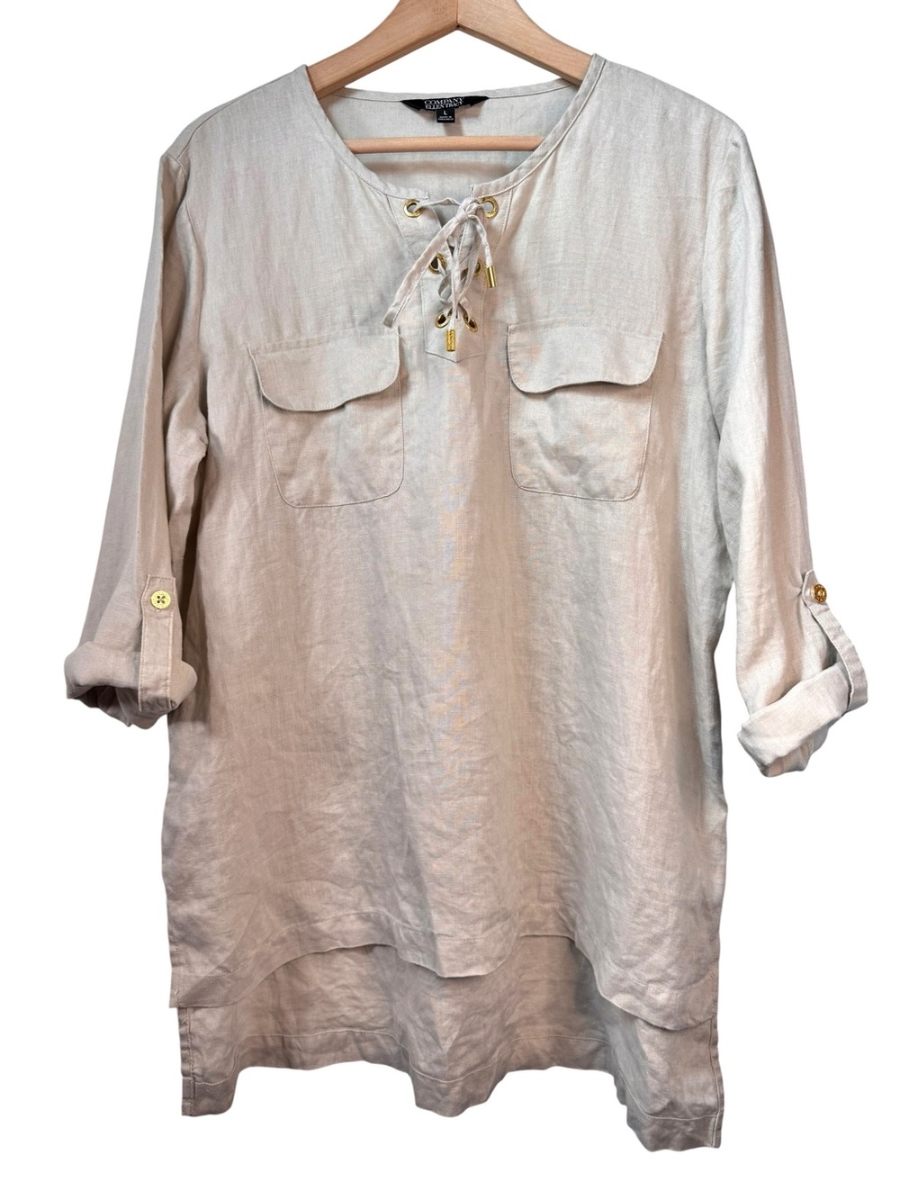 Company Ellen Tracy 100% Linen Lace Up Tunic Shirt Size Large Sandstone Beige